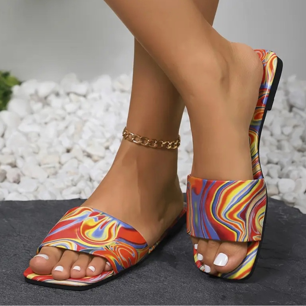 Red and Orange High-Heeled Sandals with Transparent Straps